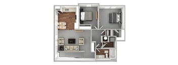 A 3D floor plan of a small apartment with a living room, kitchen, and bedroom.