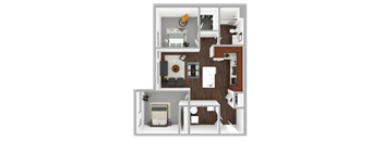 A 3D floor plan of a house with a kitchen, living room, and bathroom.