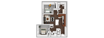 A 3D floor plan of a house with a living room, kitchen, and bathroom.