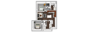 A 3D floor plan of a house with a living room, kitchen, and bathroom.