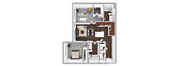 A 3D floor plan of a small apartment with a living room, kitchen, and bathroom.