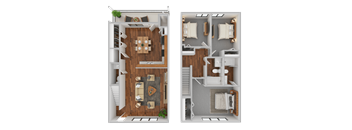 A floor plan of a two-bedroom apartment with a living room, kitchen, and bathroom.