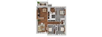 A top-down view of a house layout with a living room, dining area, kitchen, and two bedrooms.