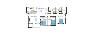 A floor plan of a house with a kitchen, dining room, living room, and three bedrooms.