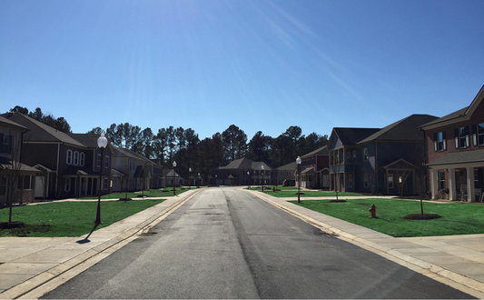 a street with rows of houses on either side of a road