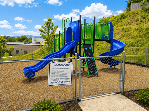 A playground with a blue slide and a sign that says "Playground Rules".
