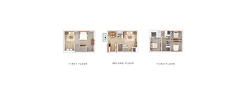 Three images showing the layout of the first, second and third floors of a house.
