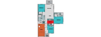 A floor plan of a house with a garage and three bedrooms.