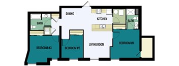 A floor plan of a house with a living room, dining room, kitchen, and three bedrooms.