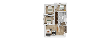 A top-down view of a small apartment layout with a kitchen, living room, and bedrooms.