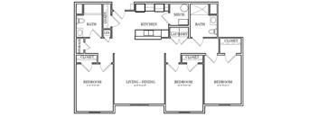A black and white image of a floor plan for a house with four bedrooms, a living room, a dining room, a kitchen, a laundry room, a storage area, and a mechanical room.