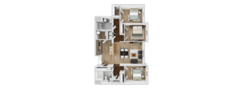 A 3D layout of a house with multiple rooms and furniture.
