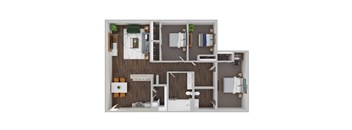 A 3D floor plan of a small apartment with a kitchen, living room, and bathroom.
