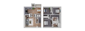 A floor plan of a small apartment with two bedrooms and a bathroom.