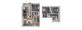 A 3D floor plan of a house with two bedrooms, a living room, a kitchen, and a bathroom.