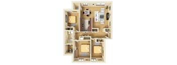 A detailed 3D floor plan of a small apartment.