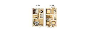 A diagram shows the layout of a one-bedroom apartment on the first and second floors.