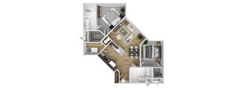 A top-down view of a modern apartment layout.
