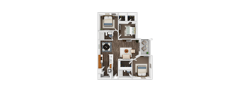 A 3D floor plan of a small apartment with a living room, kitchen, and bathroom.