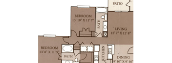 A floor plan of a house with a living room, two bedrooms, a patio, a kitchen, and a dining area.