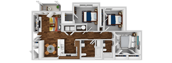 A 3D floor plan of a house with a kitchen, living room, and two bedrooms.