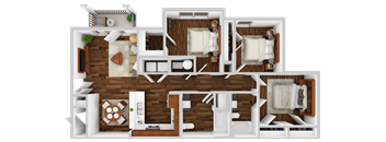 A 3D floor plan of a house with two bedrooms, a living room, a kitchen, and a bathroom.