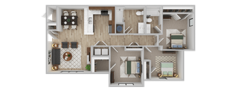 A detailed 3D floor plan of a house layout.