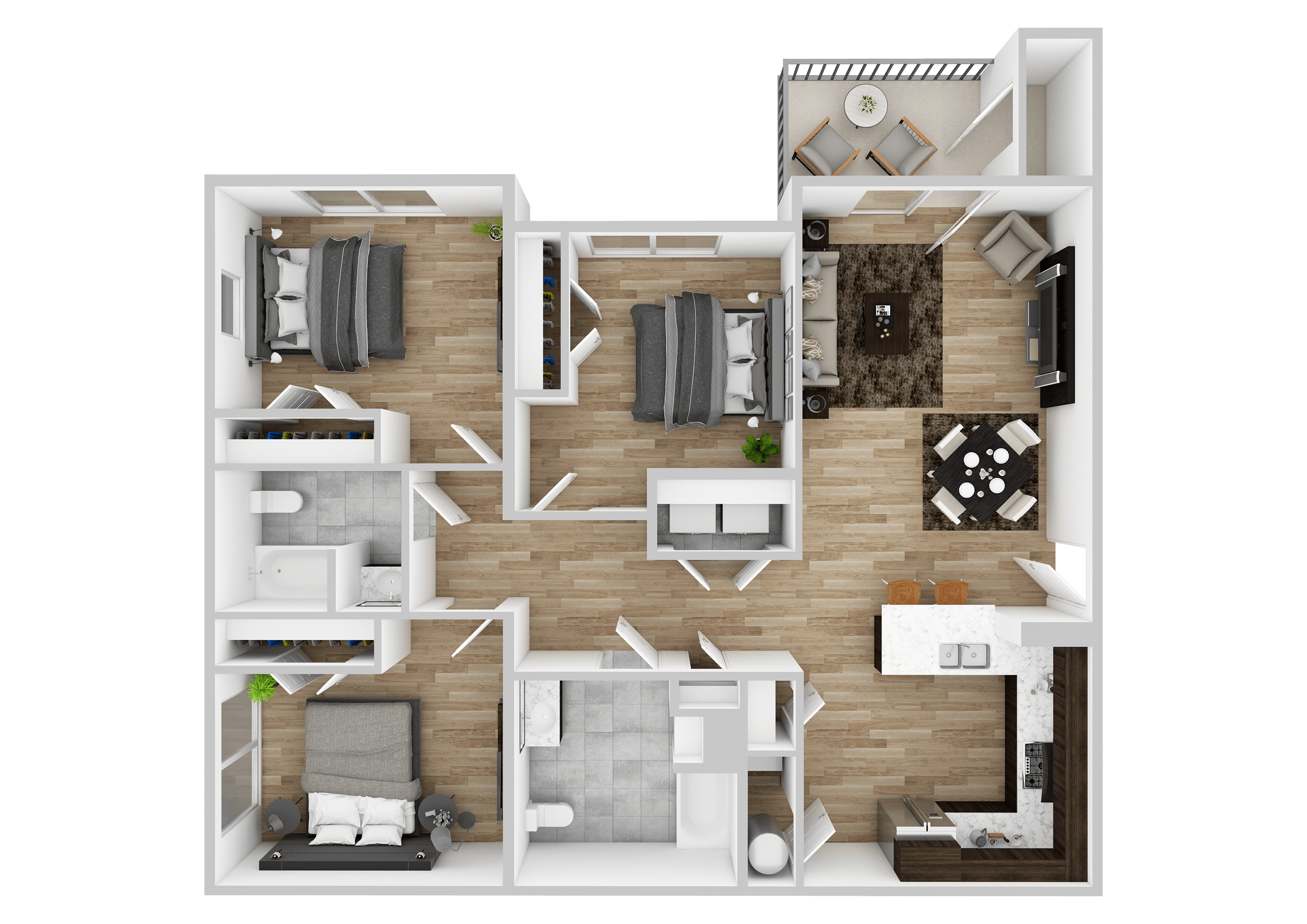 A detailed 3D floor plan of a small apartment with a kitchen, living room, and two bedrooms.