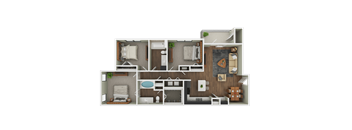 A detailed 3D floor plan of a two-bedroom apartment.