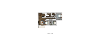 A floor plan of a house with a kitchen, living room, and bathrooms.