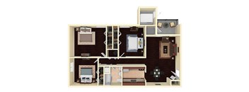 A floor plan of a house with a kitchen, living room, and bedrooms.