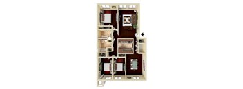 A floor plan of a house with a kitchen, living room, dining room, and two bedrooms.