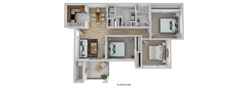 A floor plan of a house with three bedrooms, a living room, a kitchen, and a bathroom.
