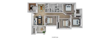 A floor plan of a house with a kitchen, living room, bedrooms and bathrooms.