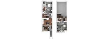 A floor plan of a two-story apartment with a living room, kitchen, and bedrooms.