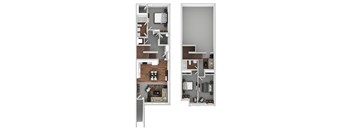 A floor plan of a two-story apartment with a living room, kitchen, and bedrooms.