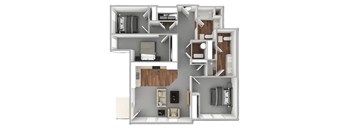A 3D floor plan of a house with multiple rooms and furniture.