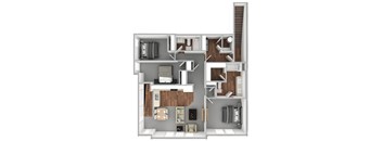 A 3D floor plan of a small apartment with a kitchen, living room, and bedroom.