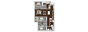 A 3D floor plan of a house with a kitchen, living room, dining room, and bedrooms.