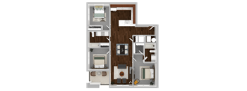 A 3D floor plan of a house with a living room, kitchen, dining room, and two bedrooms.