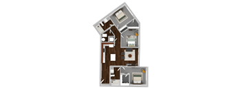 A 3D rendered image of a house layout with a kitchen, living room, and two bedrooms.