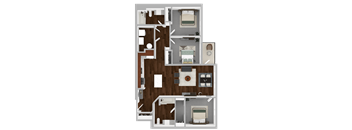 A detailed 3D floor plan of a house layout.