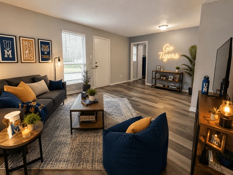 A living room with a couch, a chair, a coffee table, and a TV.