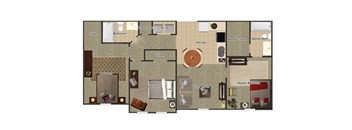 A floor plan of a house with a kitchen, living room, and two bedrooms.