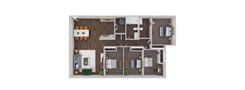 A top-down view of a small apartment layout with a kitchen, living room, and bedroom.