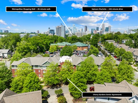 A bird's eye view of a residential area with a shopping mall, apartment complex, and a city skyline in the distance.