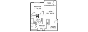 A floor plan of a small apartment with a bedroom, living room, kitchen, dining room, bathroom, and patio.