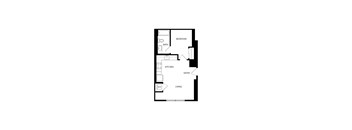 A floor plan of a small apartment with a bedroom, a kitchen, a living room, and a bathroom.