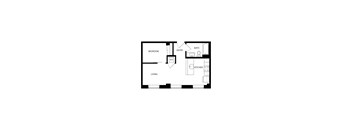 A floor plan of a small apartment with a bedroom, living room, kitchen, and bathroom.