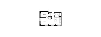 A floor plan of a small apartment with a bedroom, living room, kitchen, bathroom and entry.